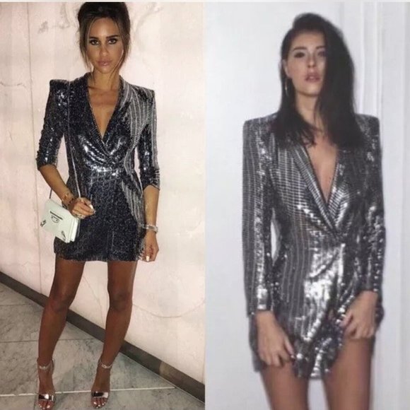 Bershka Dresses & Skirts - Bershka Especial Edition Silver Sequin Tuxedo Metallic Blazer Mini Dress